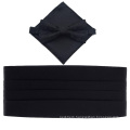 Solid Black Polyester Cummerbund Bow Tie and Hanky Set